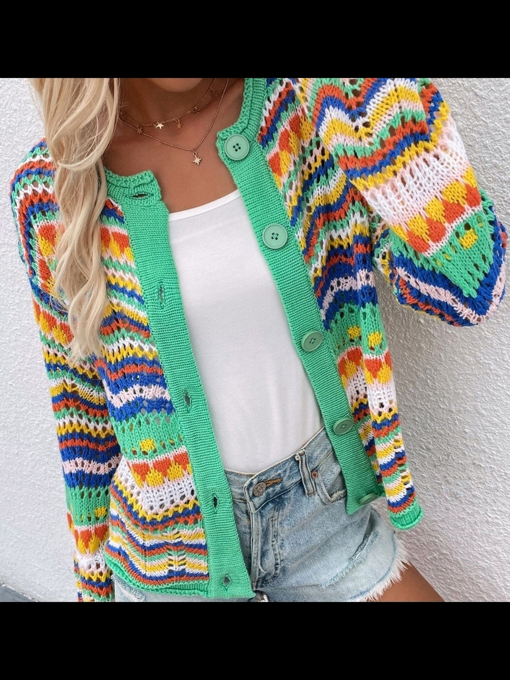 Multicolor Open-Knit Cardigan with Green Trim - Picture 1 of 5